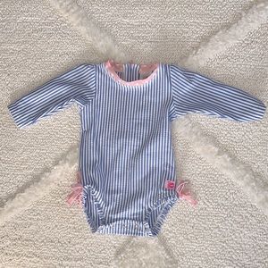 RUFFLEBUTTS 6-12 mo blue seersucker bathing suit. Excellent condition